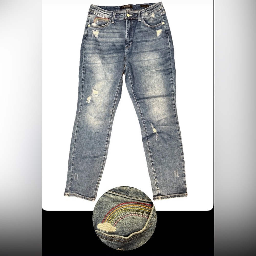 Judy Blue Rainbow 🌈 Jeans Women 13/31 31x27 Straight Embroidered Distressed High